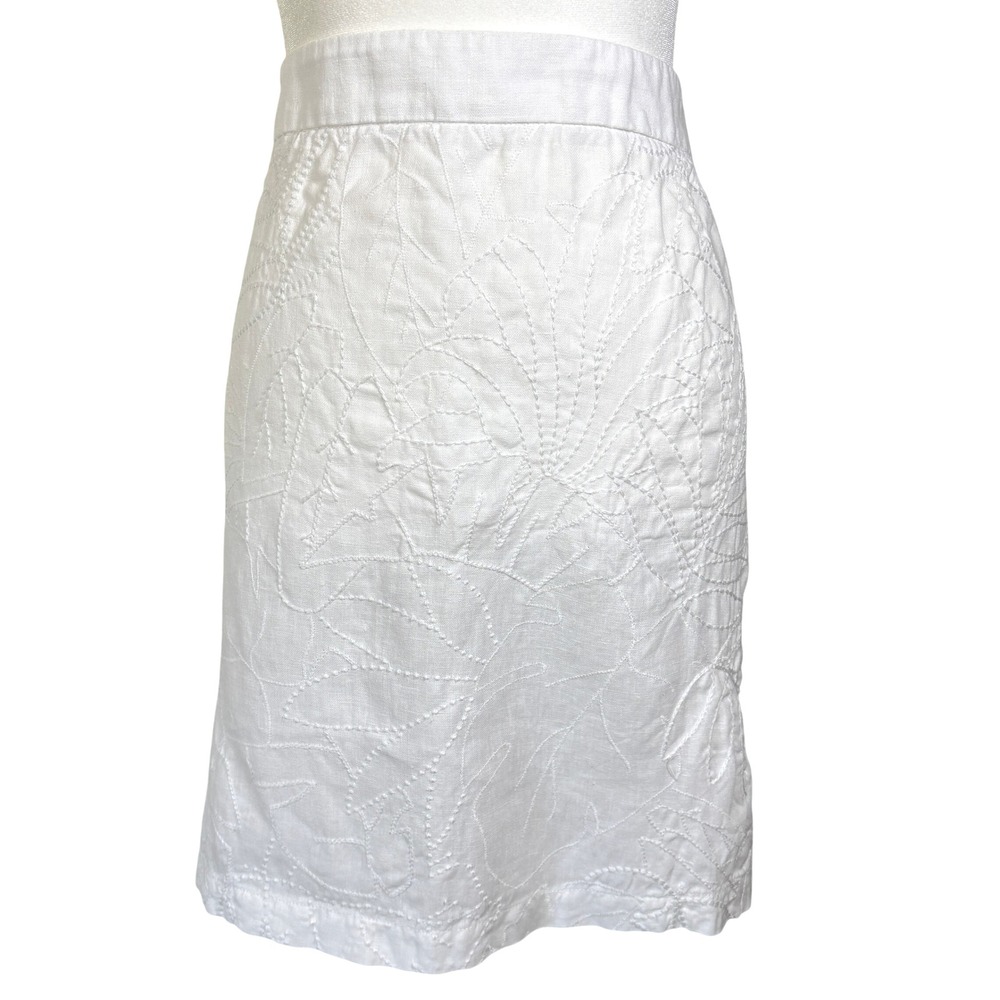 Tommy Bahama Skirt Size 14 White Linen Embroidered A Line Zip Knee Length